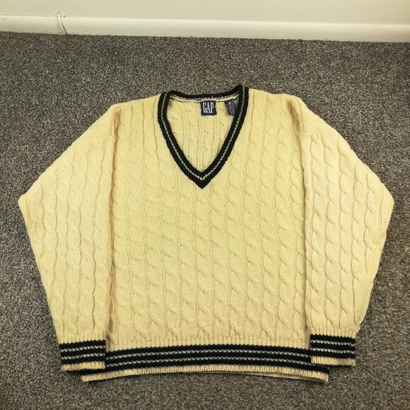 Vintage Gap Sweater Wool Cable Knit V Neck Varsity Tennis Ivory Mens Large - Picture 1 of 8